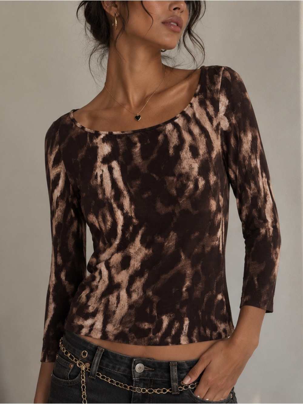 Just Cavalli Vintage Y2K Abstract Leopard Print 3/4 Length Sleeve Top (IT48/XL)